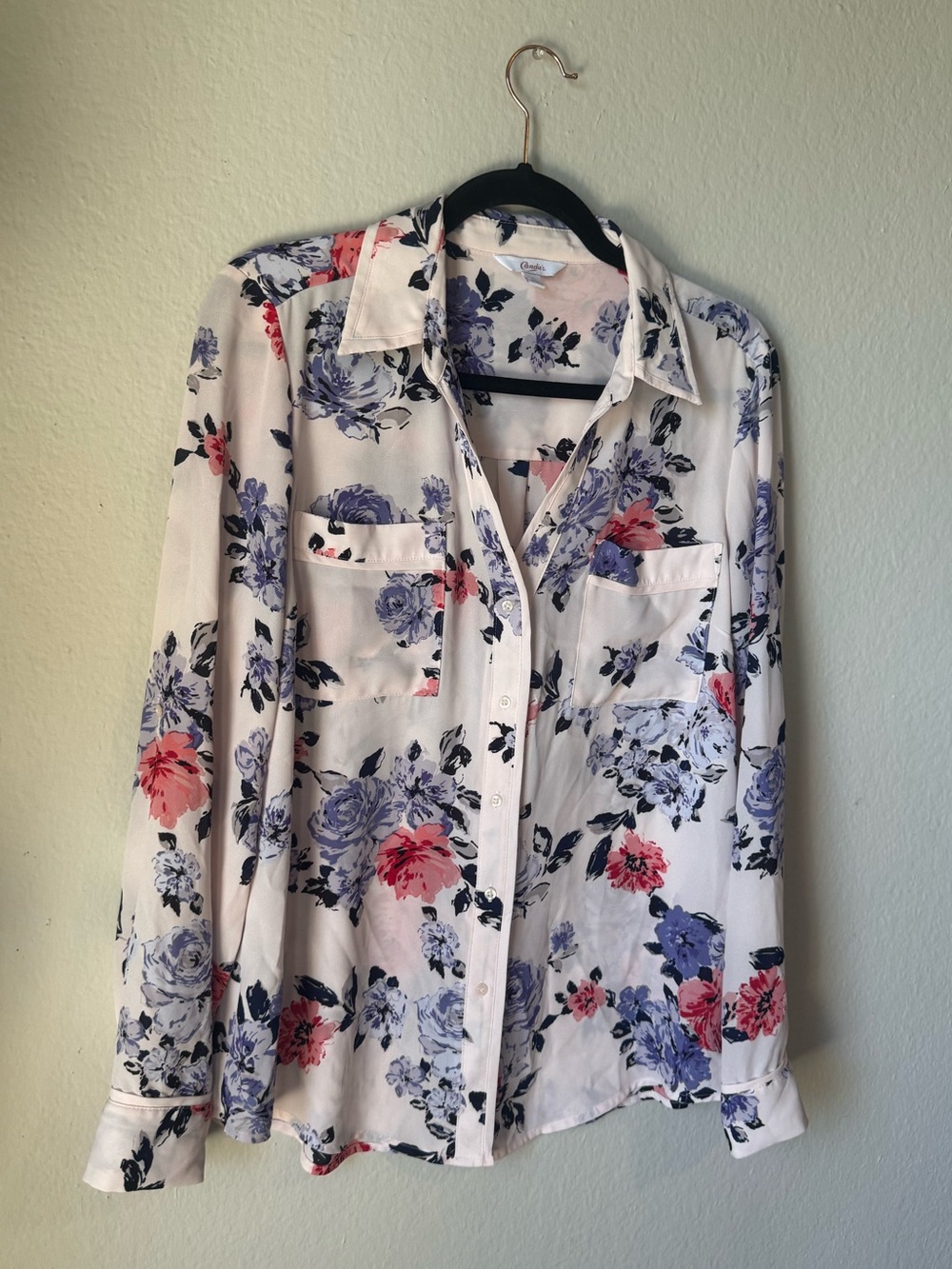 Candie's White Button-Down Shirt with Pink & Blue Floral Print